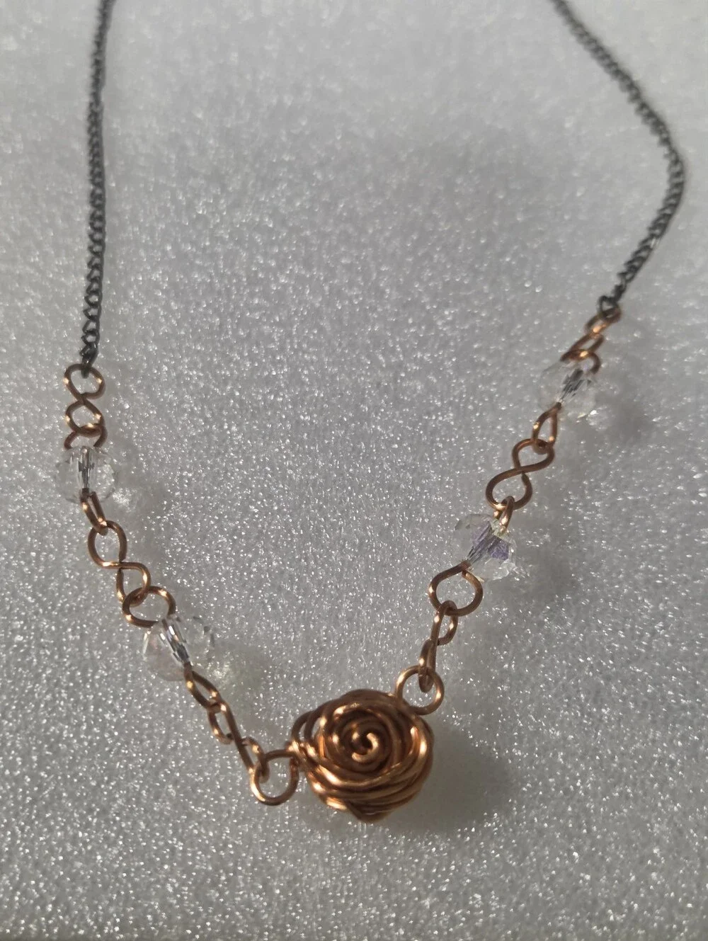 Handcrafted Copper Rose Necklace with Clear Crystal Accents